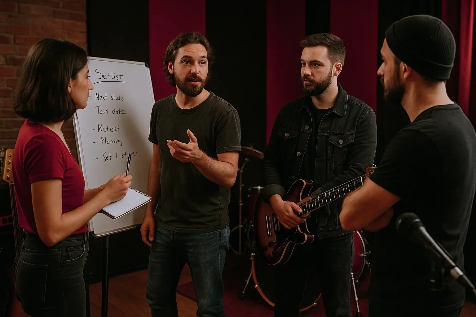 Groupe indépendant en répétition préparant sa stratégie de booking et de gestion de projet – accompagnement professionnel – Autour de la Musique Management